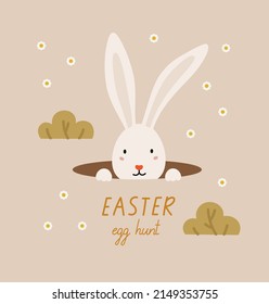 Diseño conceptual de Pascua con conejo en hoyo, arbustos y letras. Conejo vectorial dibujado a mano, aislado en un fondo beige. Concepto de temporada de primavera, Pascua, naturaleza.