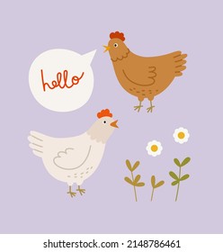 Easter concept design with hens, plants and lettering. Hand-drawn vector chickens, isolated on beige background. Spring season concept, Easter, nature.