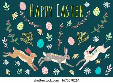 Easter Concept Design. Easter postcard with bunnies or hares, with colorful eggs and floral pattern on dark green background. Trendy flat Easter illustration for postcards and other designs.