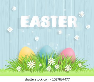 Easter concept with  eggs on the grass , Blue wooden wall background, vector illustration.