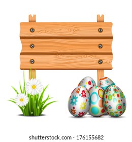 Easter concept with eggs and wooden banner. EPS10 vector file. Contains opacity and transparency. 