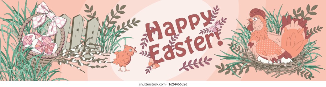 Easter concept, horizontal banner with Happy Easter. Spring illustration for creating holiday cards, flyers, posters.