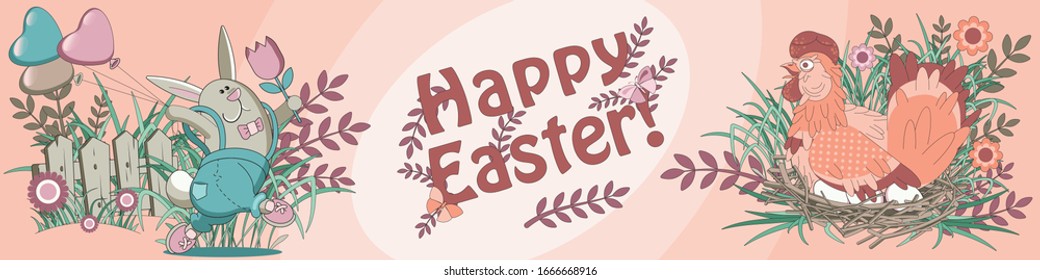 Osterkonzept, horizontaler Banner mit Frohe Ostern. Frühlingsgrafik zum Erstellen von Ferienkarten, Flyern, Poster.