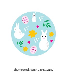 Ilustración conceptual de Pascua en estilo doodle en vectorial. Tarjeta de felicitación de Pascua con conejito y huevos	