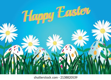 Easter concept: landscape with white flowers and easter eggs