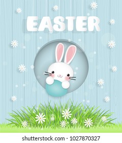 Easter concept with a little bunny carrying egg and poke her head from a hole, wooden wall. Vector illustration