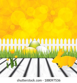 Easter concept with origami bunny and tulips 