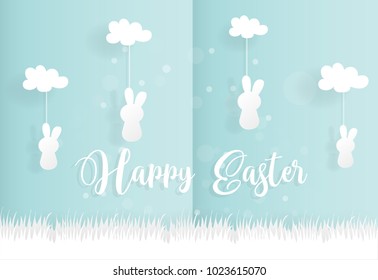 Easter concept paper cute style with cute rabbit hanging from the cloud. Vector illustration.