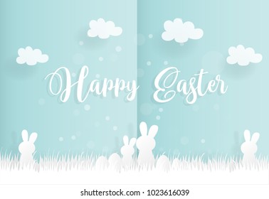 Easter concept paper cute style with cute family rabbit and Easter eggs. Vector illustration.
