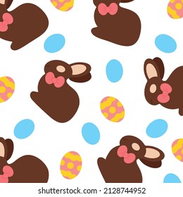 Osterkonzept für Postkarten. Cute Schokoladenhäuser und bunte Ostereier auf weißem Hintergrund. Schokoladenhäuser mit süßer rosafarbener Schleife. Vektorgrafik. Design-Element.
