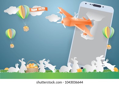 EASTER concept. Rabbit flying a plane ejected from the phone and eggs in basket on grass surrounded by family. rabbit  in nature background, vector and illustration.