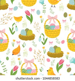 Easter concept seamless pattern. Cute chicken basket and nest in flowers. Seamless pattern