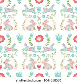 Easter concept seamless pattern. Cute folk rabbits in flowers. Seamless pattern.