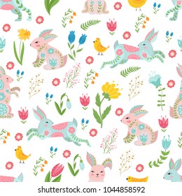 Easter concept seamless pattern. Cute rabbits and chicken in flowers. Seamless pattern.