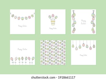 Easter concept set. Collection of cute cards and backgrounds with doodle easter eggs. Vector 10 EPS.