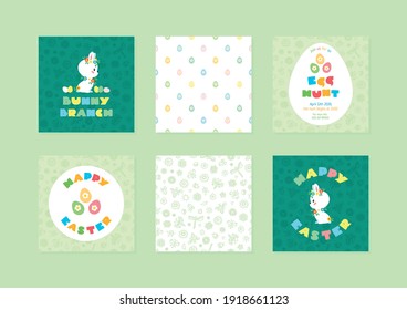 Easter concept set. Collection of holiday Easter illustrations in cartoon style. Can be used for Easter invitations or greeting cards. Vector 8 ESP.