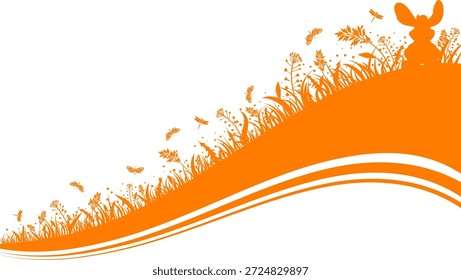Concepto de Pascua Silueta de Pascua con conejo, hierba, flor y mariposa, Vector aislado sobre fondo blanco