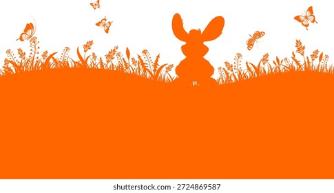 Easter Concept Easter Silhouette with bunny, grass, flower and butterfly, vector isolated on white background