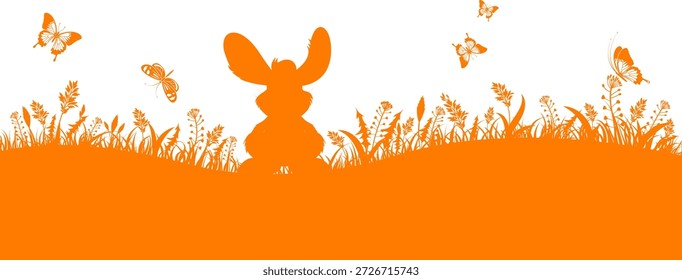 Concepto de Pascua Silueta de Pascua con conejo, hierba, flor y mariposa, Vector aislado sobre fondo blanco