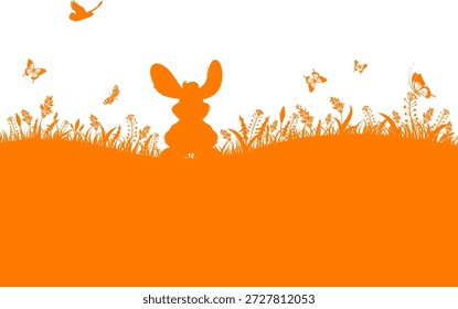 Easter Concept Easter Silhouette with bunny, grass, flower and butterfly, vector isolated on white background