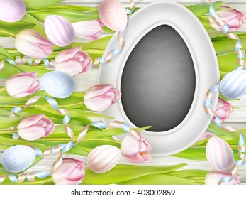 Easter concept. Top view of pink tulips with blank blackboard and colorful painted Easter eggs on wooden background. EPS 10 vector file included