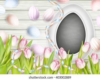 Easter concept. Top view of pink tulips with blank blackboard and colorful painted Easter eggs on wooden background. EPS 10 vector file included