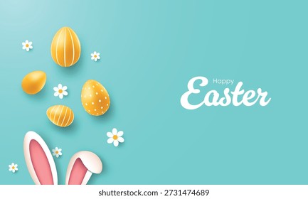 Easter concept. Top view vector of easter bunny ears with yellow white eggs and flower on isolated minimal background with copy space. Holiday card idea