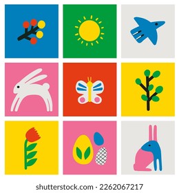 Easter concept vector background elements set. Minimal hand drawn bold graphics style 