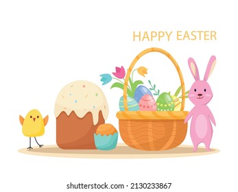 Easter concept. Easter vector cartoon illustration with bunny, chick, flowers and painted eggs.