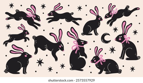 Easter concept vector stickers design elements set. Collection of groovy funky cartoon illustration of black bunny or rabbit with cute pink bow, stars and moon