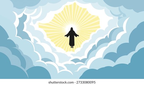 easter concept.Jesus Christ ascending into heaven surrounded by radiant light and clouds