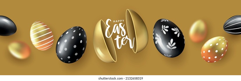 Banner de felicitación de Pascua, tarjeta de vacaciones, diseño de volante. Huevos dorados y negros en un fondo amarillo. Moderno diseño mínimo con huevos y conejos para medios sociales, venta, publicidad, web.