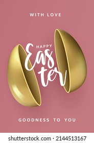 Easter congratulation banner, holiday card. Two opened halves of a golden egg on a pink background.Modern minimal design for social media, sale, advertisement, web.