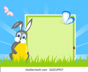 easter congratulation card - bunny with yellow egg sitting on green grass, near - green textile napkin with place for your text, butterfly, blue sky with sunny rays, vector illustration