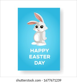 Easter congratulation card with a cute bunny with big eyes, blue background