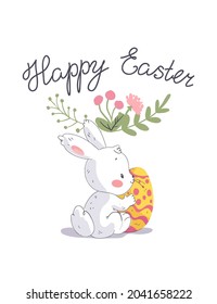 Easter congratulation card with cute white bunny, holiday hand written congratulation and Easter egg isolated. Vector flat hand drawn cartoon illustration. For prints, banners, invitations, packaging.