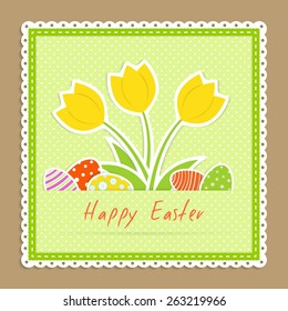 easter congratulation card with yellow tulips and several eggs on green napkin on beige background, textile applique, vector illustration