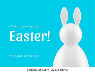 Easter congratulations 3d greeting card bunny bauble white design template realistic vector illustration. Happy religious holiday celebration rabbit toy Christianity festive present decor element