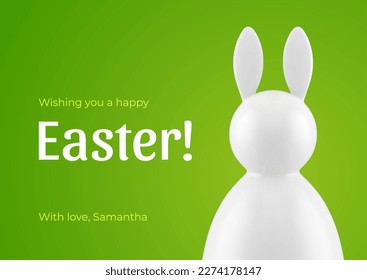 Easter congratulations 3d greeting card bunny bauble white design template realistic vector illustration. Happy religious holiday celebration rabbit toy Christianity festive present decor element