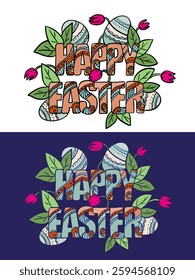 Easter congratulative banners, postcards. Happy Easter. Spring flowers and eggs.