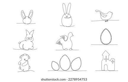 Easter continues one line pack. Vector stock illustration set isolated on white background for design template egg hunt, invitation, greeting card, menu. Editable stroke single line. EPS10