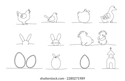 Easter continues one line pack. Vector stock illustration set isolated on white background for design template egg hunt, invitation, greeting card, menu. Editable stroke single line. EPS10