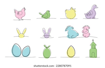 Easter continues one line pack. Vector stock illustration set isolated on white background for design template egg hunt, invitation, greeting card, menu. Editable stroke single line. EPS10