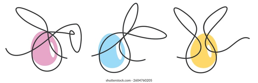 Easter continuous colorful handwritten line design Easter eggs with bunny ears on white background