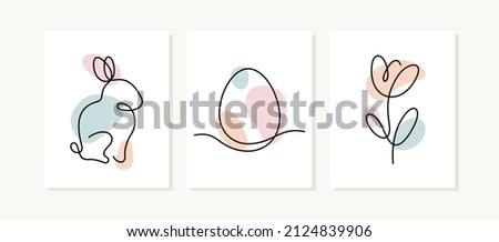 Easter continuous line posters. Holiday symbols, rabbit, egg, spring flower illustrations.