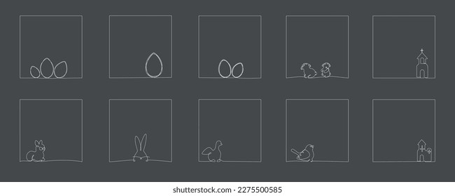 Easter continuous one line hand drawing frames pack. Vector illustration isolated on black background for post in social media, invitation, greeting card. Bunny, bird, sheep, church. Editable stroke.