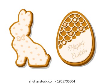 Easter cookies set in the shape of an egg and a rabbit. Homemade festive gingerbread cookies isolated on white background. Vector illustration