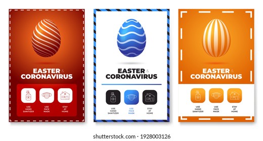 Easter coronavirus all in one icon poster set vector illustration. Coronavirus protection flyer with realistic easter egg. Stay at home, use face mask, use hand sanitizer