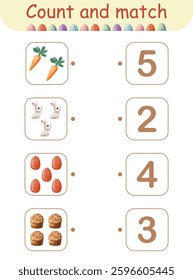 Easter count and match game for kids with bunny, eggs, bread, and carrot, fun educational activity for toddlers, logic puzzle, printable worksheet