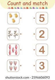 Easter count and match game for kids with chicks, bunny ears, and candies, fun educational activity for toddlers, logic puzzle, printable worksheet
